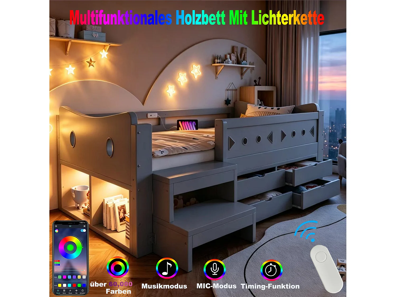 Łóżko dziecięce 90 x 200 cm z 4 szufladami, 2 schowkami, barierkami zabezpieczającymi, USB typu C i diodą LED - Drewno - Szare (Materac nie jest dołączony)