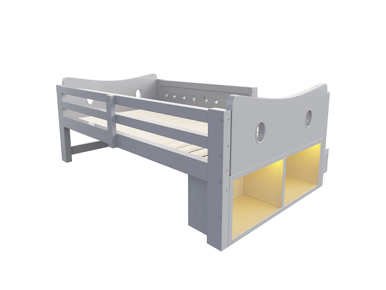 Łóżko dziecięce 90 x 200 cm z 4 szufladami, 2 schowkami, barierkami zabezpieczającymi, USB typu C i diodą LED - Drewno - Szare (Materac nie jest dołączony)