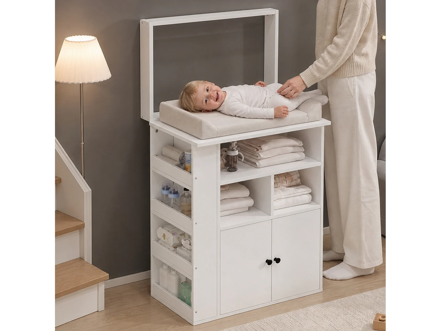Fasciatoio 2 in 1 con ripiani, 3 scomparti e 2 ante - MDF - 82 x 50 x 100 cm - Bianco (Tappetino fasciatoio non incluso)