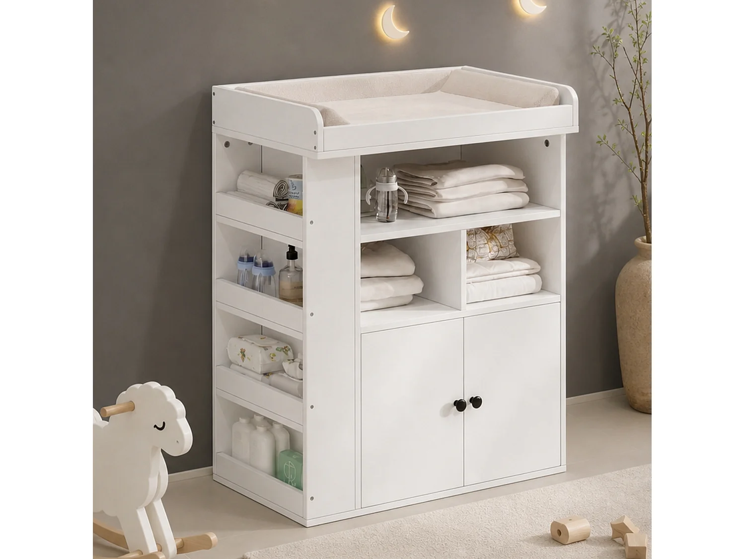 Fasciatoio 2 in 1 con ripiani, 3 scomparti e 2 ante - MDF - 82 x 50 x 100 cm - Bianco (Tappetino fasciatoio non incluso)