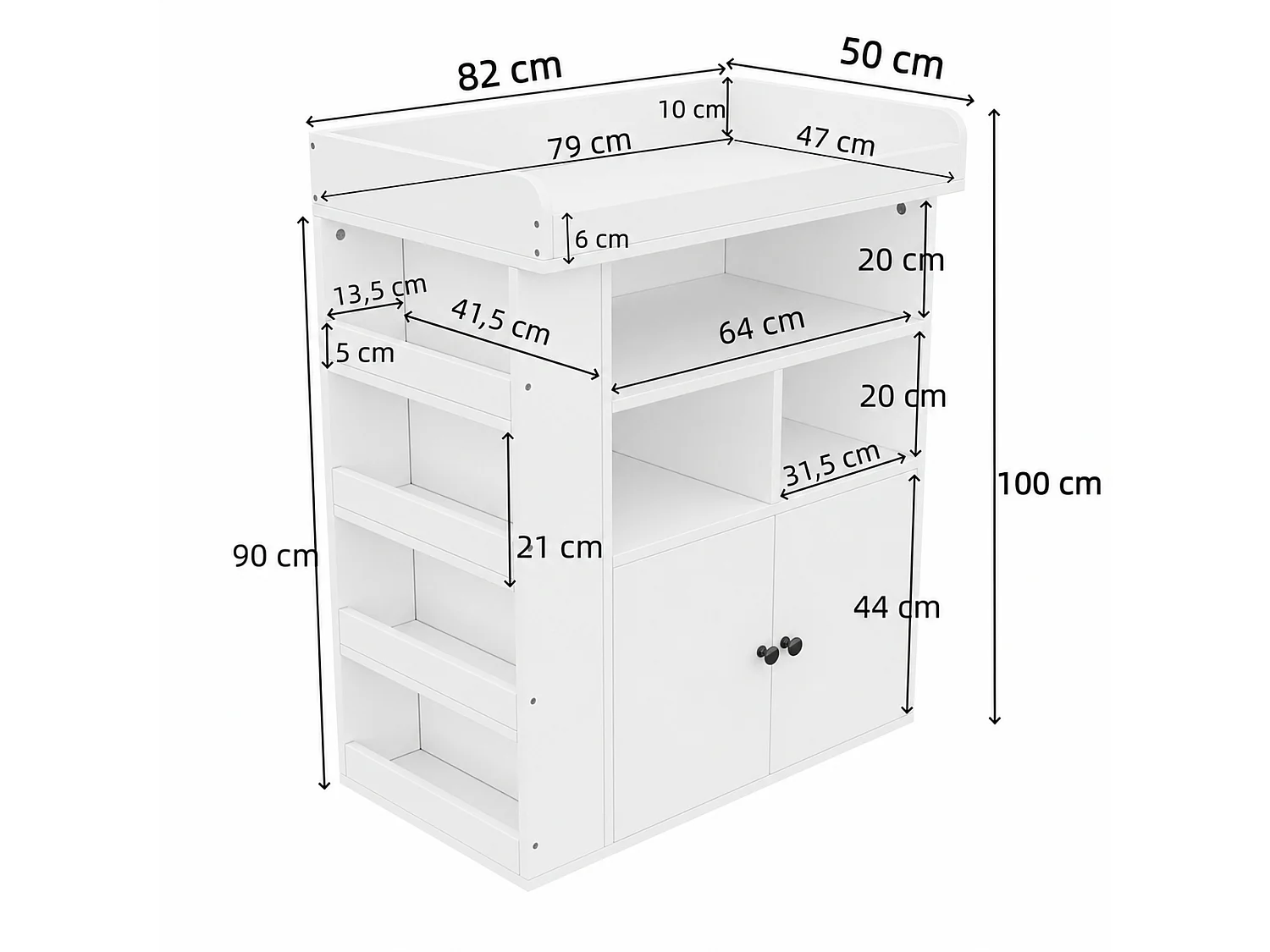 Fasciatoio 2 in 1 con ripiani, 3 scomparti e 2 ante - MDF - 82 x 50 x 100 cm - Bianco (Tappetino fasciatoio non incluso)