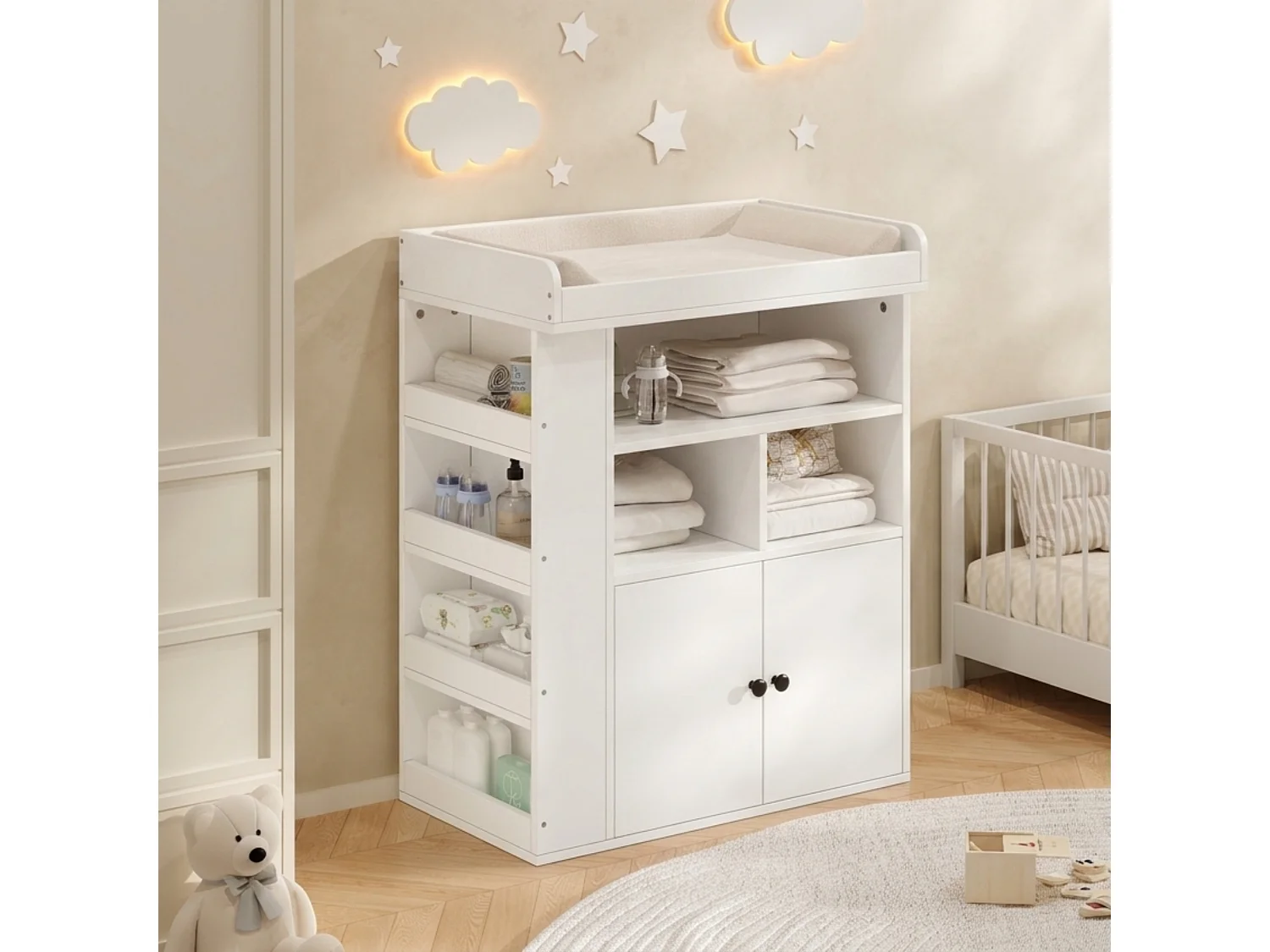 Fasciatoio 2 in 1 con ripiani, 3 scomparti e 2 ante - MDF - 82 x 50 x 100 cm - Bianco (Tappetino fasciatoio non incluso)