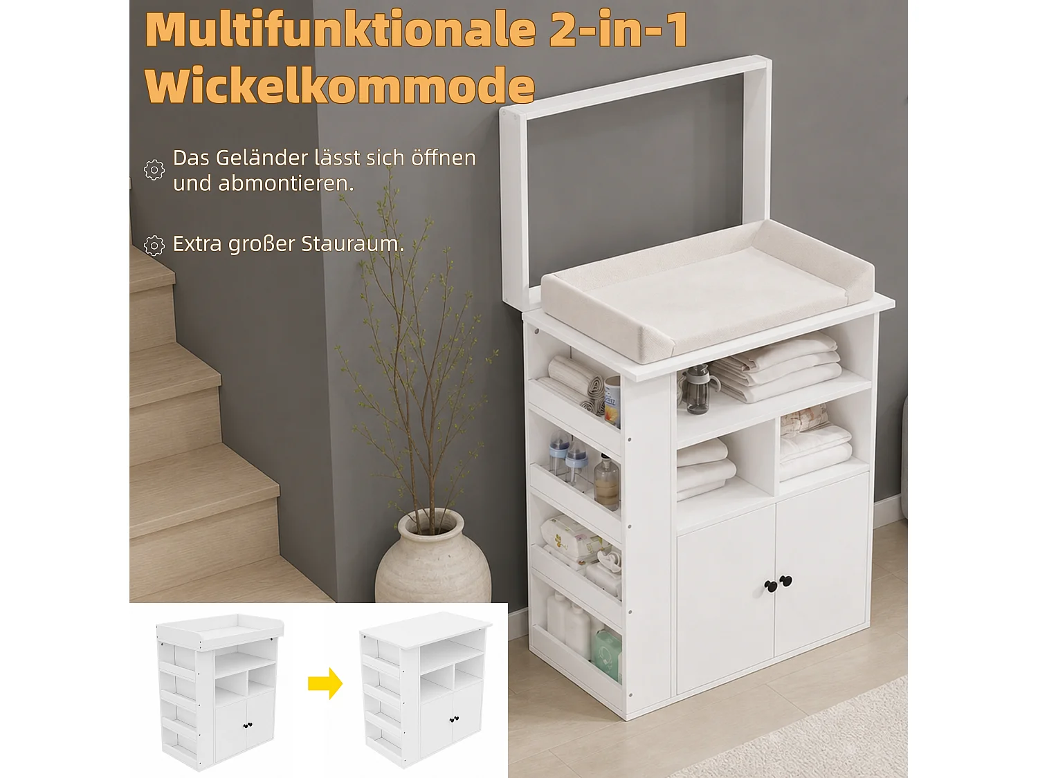 Fasciatoio 2 in 1 con ripiani, 3 scomparti e 2 ante - MDF - 82 x 50 x 100 cm - Bianco (Tappetino fasciatoio non incluso)