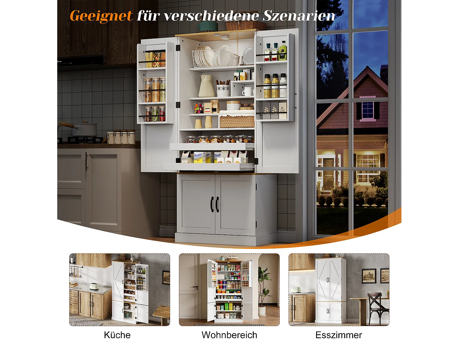 Küchenschrank mit 4 Türen, 2 Schubladen, verstellbaren Einlegeböden und bewegungsaktivierter Beleuchtung – 80 x 40 x 180 cm – MDF – Weiß