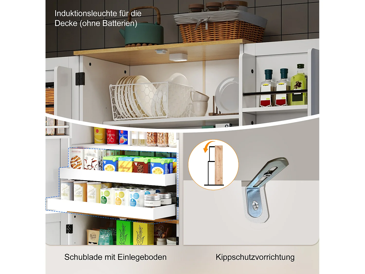 Küchenschrank mit 4 Türen, 2 Schubladen, verstellbaren Einlegeböden und bewegungsaktivierter Beleuchtung – 80 x 40 x 180 cm – MDF – Weiß