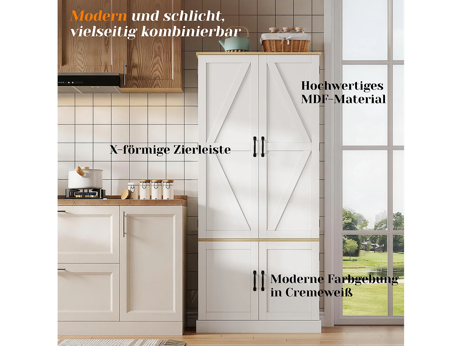 Küchenschrank mit 4 Türen, 2 Schubladen, verstellbaren Einlegeböden und bewegungsaktivierter Beleuchtung – 80 x 40 x 180 cm – MDF – Weiß
