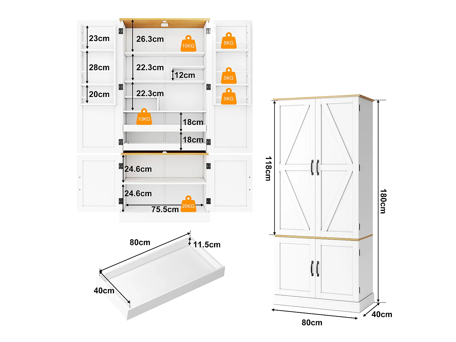 Küchenschrank mit 4 Türen, 2 Schubladen, verstellbaren Einlegeböden und bewegungsaktivierter Beleuchtung – 80 x 40 x 180 cm – MDF – Weiß