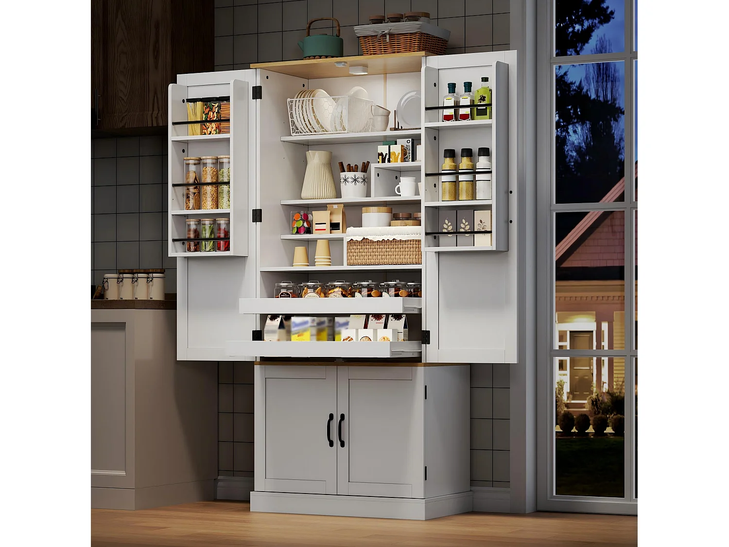 Küchenschrank mit 4 Türen, 2 Schubladen, verstellbaren Einlegeböden und bewegungsaktivierter Beleuchtung – 80 x 40 x 180 cm – MDF – Weiß