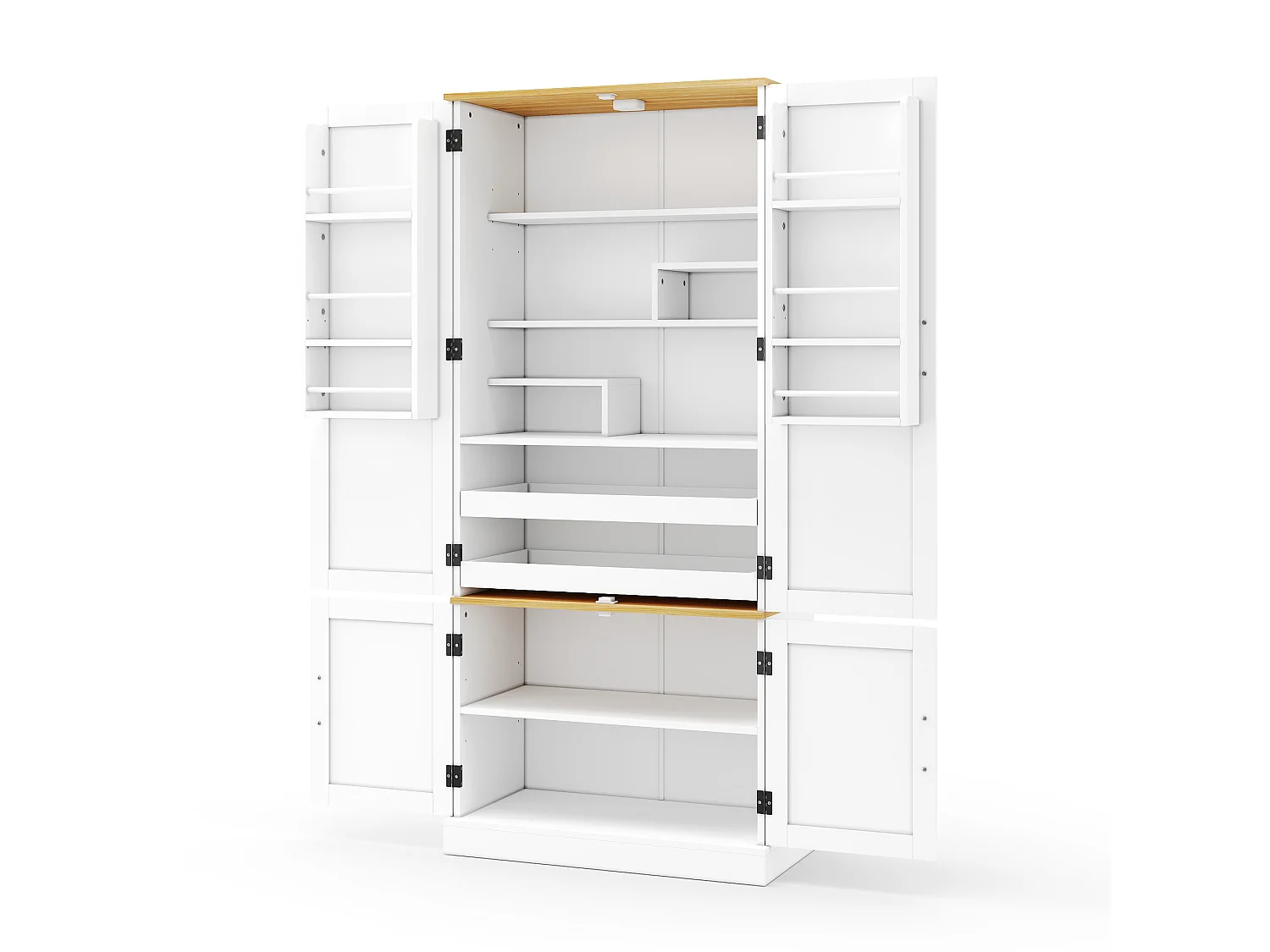 Küchenschrank mit 4 Türen, 2 Schubladen, verstellbaren Einlegeböden und bewegungsaktivierter Beleuchtung – 80 x 40 x 180 cm – MDF – Weiß
