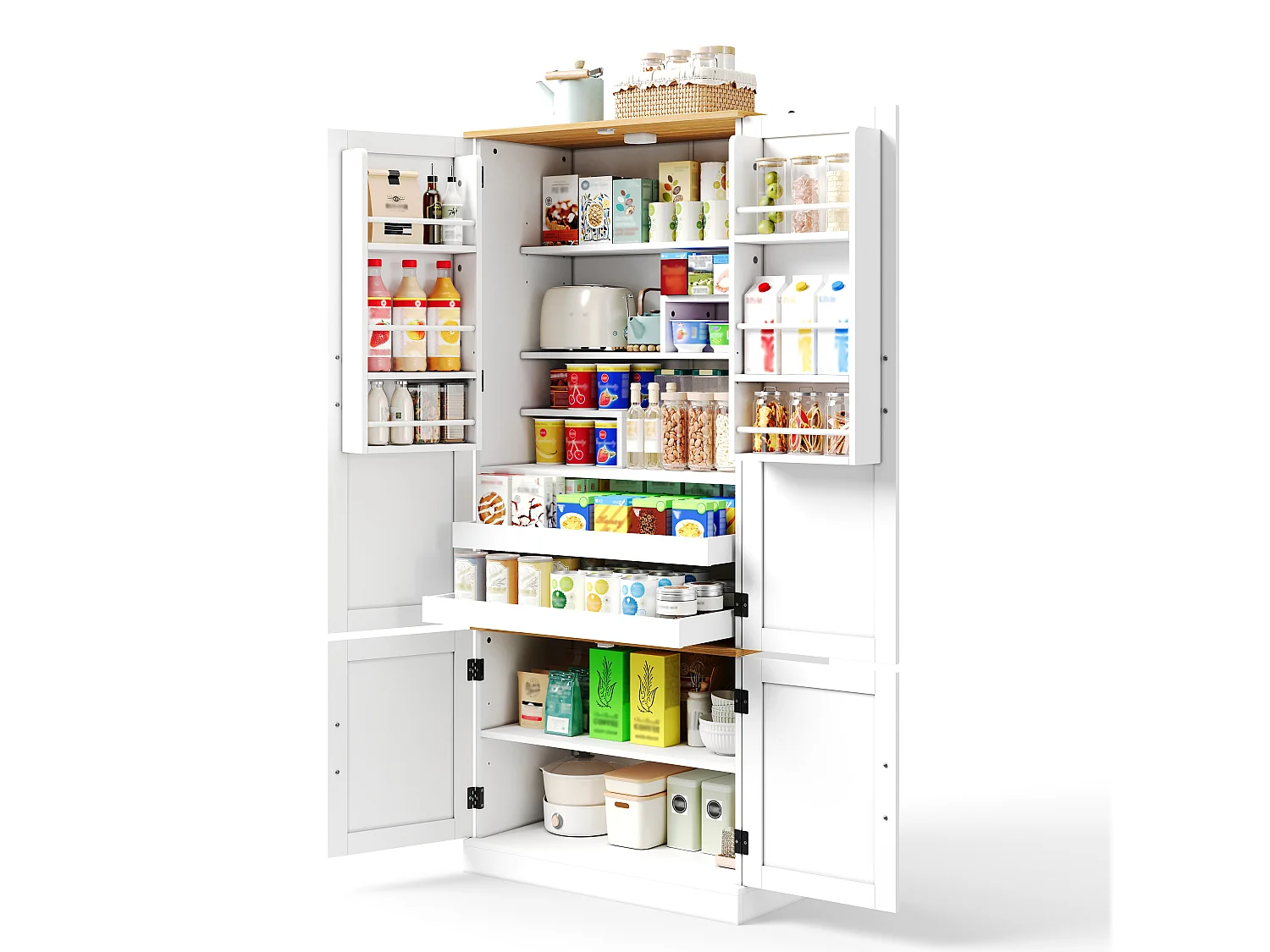 Küchenschrank mit 4 Türen, 2 Schubladen, verstellbaren Einlegeböden und bewegungsaktivierter Beleuchtung – 80 x 40 x 180 cm – MDF – Weiß