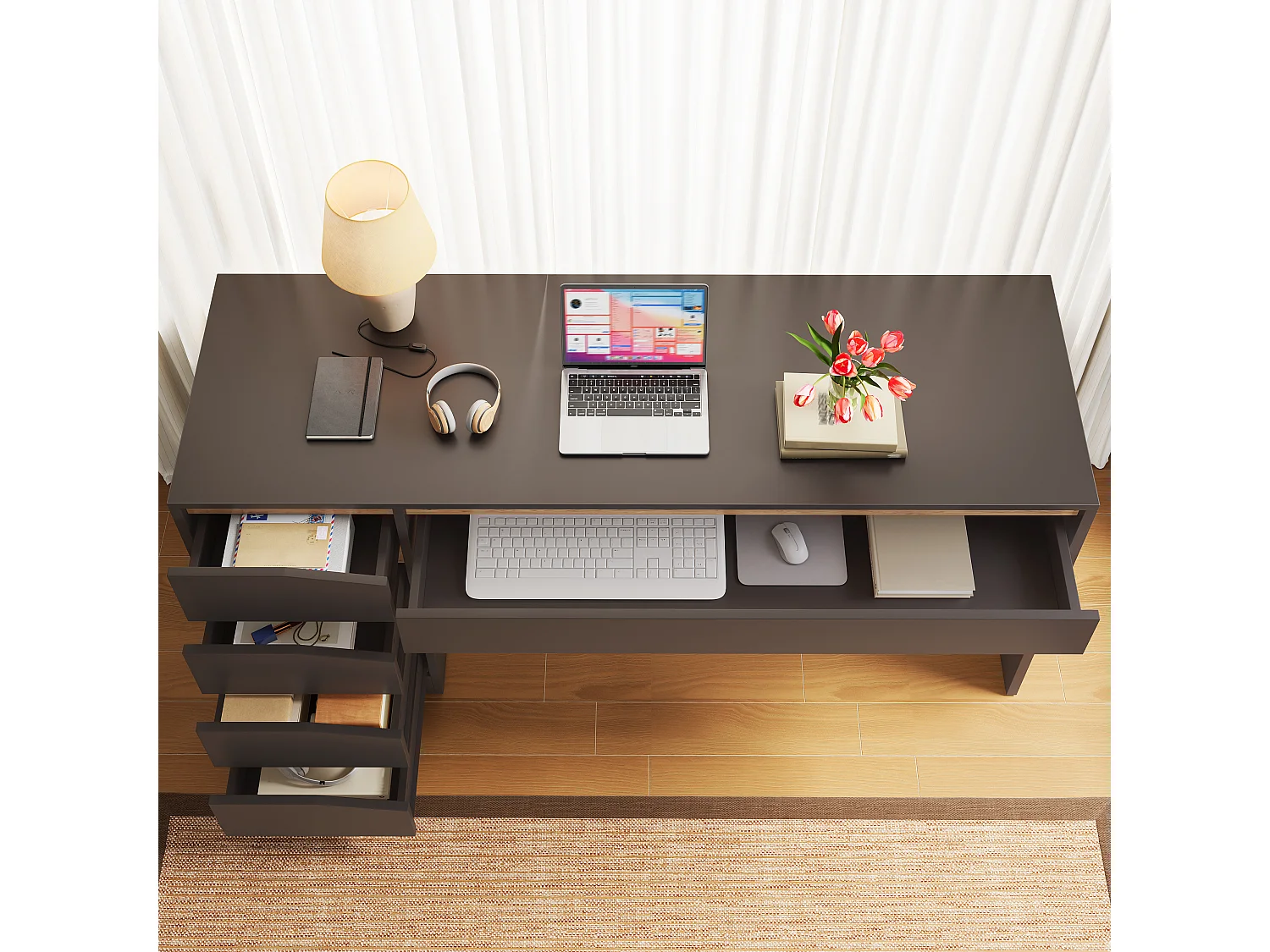 Scrivania con 5 cassetti e ampio spazio contenitivo - MDF - 140 x 50 x 78 cm - Grigio e rovere