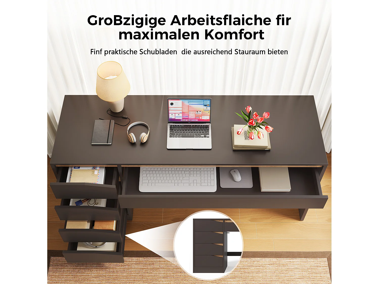 Scrivania con 5 cassetti e ampio spazio contenitivo - MDF - 140 x 50 x 78 cm - Grigio e rovere