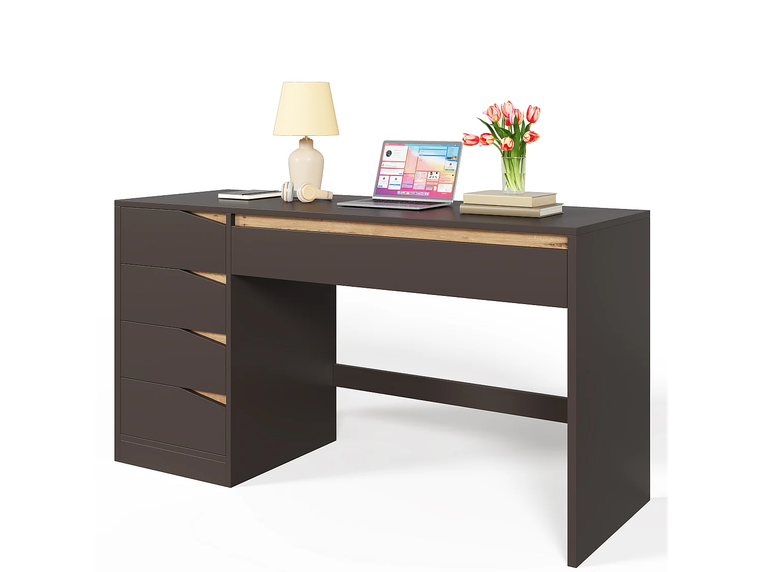 Scrivania con 5 cassetti e ampio spazio contenitivo - MDF - 140 x 50 x 78 cm - Grigio e rovere