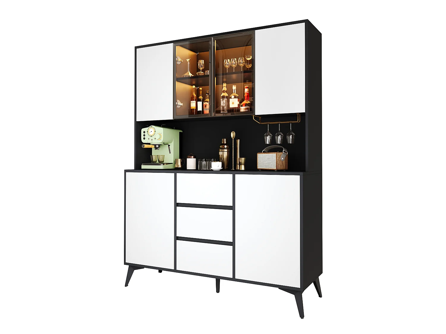 Armoire de cuisine 6 portes, 3 tiroirs, porte-verres et éclairage LED – 120 x 40 x 160 cm – MDF – Blanc et noir