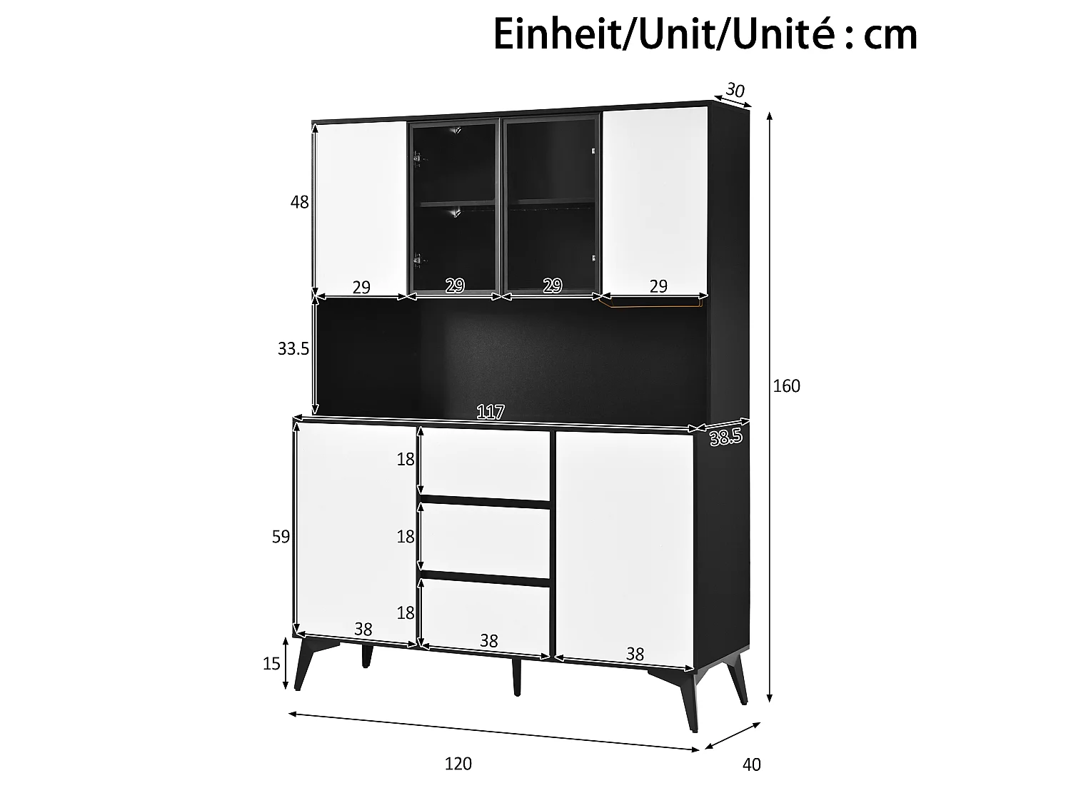 Armoire de cuisine 6 portes, 3 tiroirs, porte-verres et éclairage LED – 120 x 40 x 160 cm – MDF – Blanc et noir