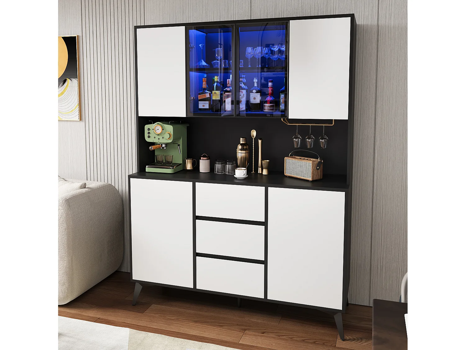 Armoire de cuisine 6 portes, 3 tiroirs, porte-verres et éclairage LED – 120 x 40 x 160 cm – MDF – Blanc et noir