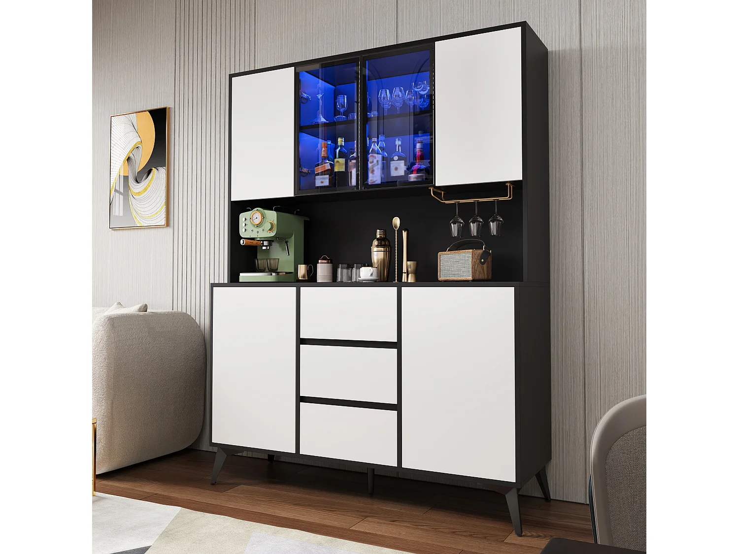 Armoire de cuisine 6 portes, 3 tiroirs, porte-verres et éclairage LED – 120 x 40 x 160 cm – MDF – Blanc et noir