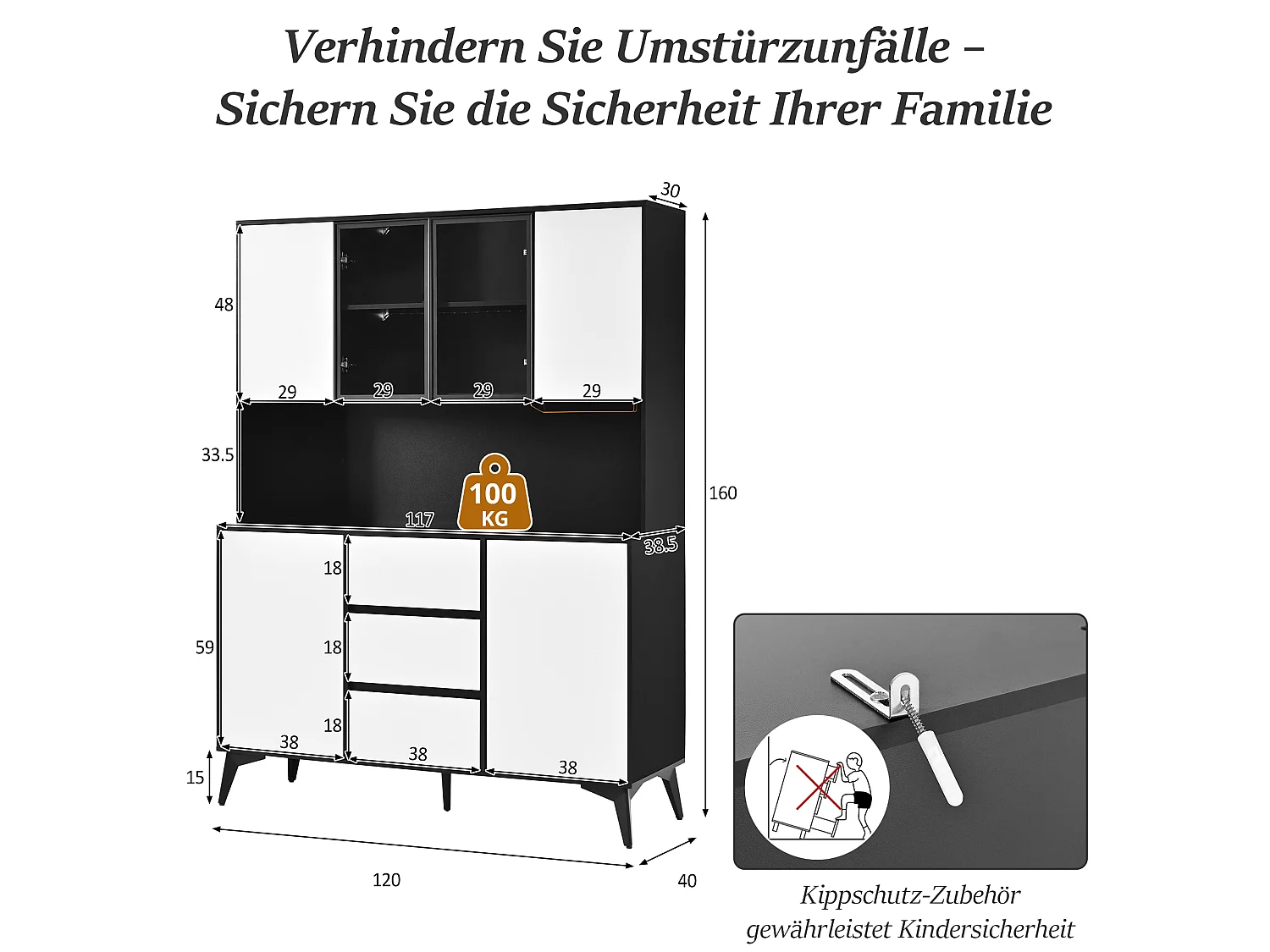 Armoire de cuisine 6 portes, 3 tiroirs, porte-verres et éclairage LED – 120 x 40 x 160 cm – MDF – Blanc et noir