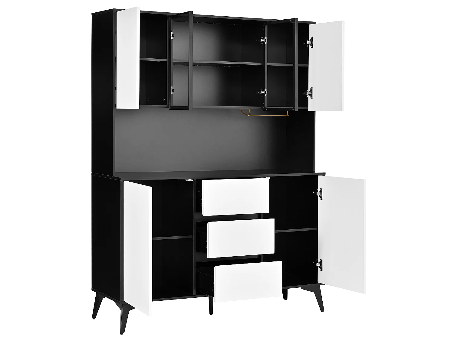Armoire de cuisine 6 portes, 3 tiroirs, porte-verres et éclairage LED – 120 x 40 x 160 cm – MDF – Blanc et noir