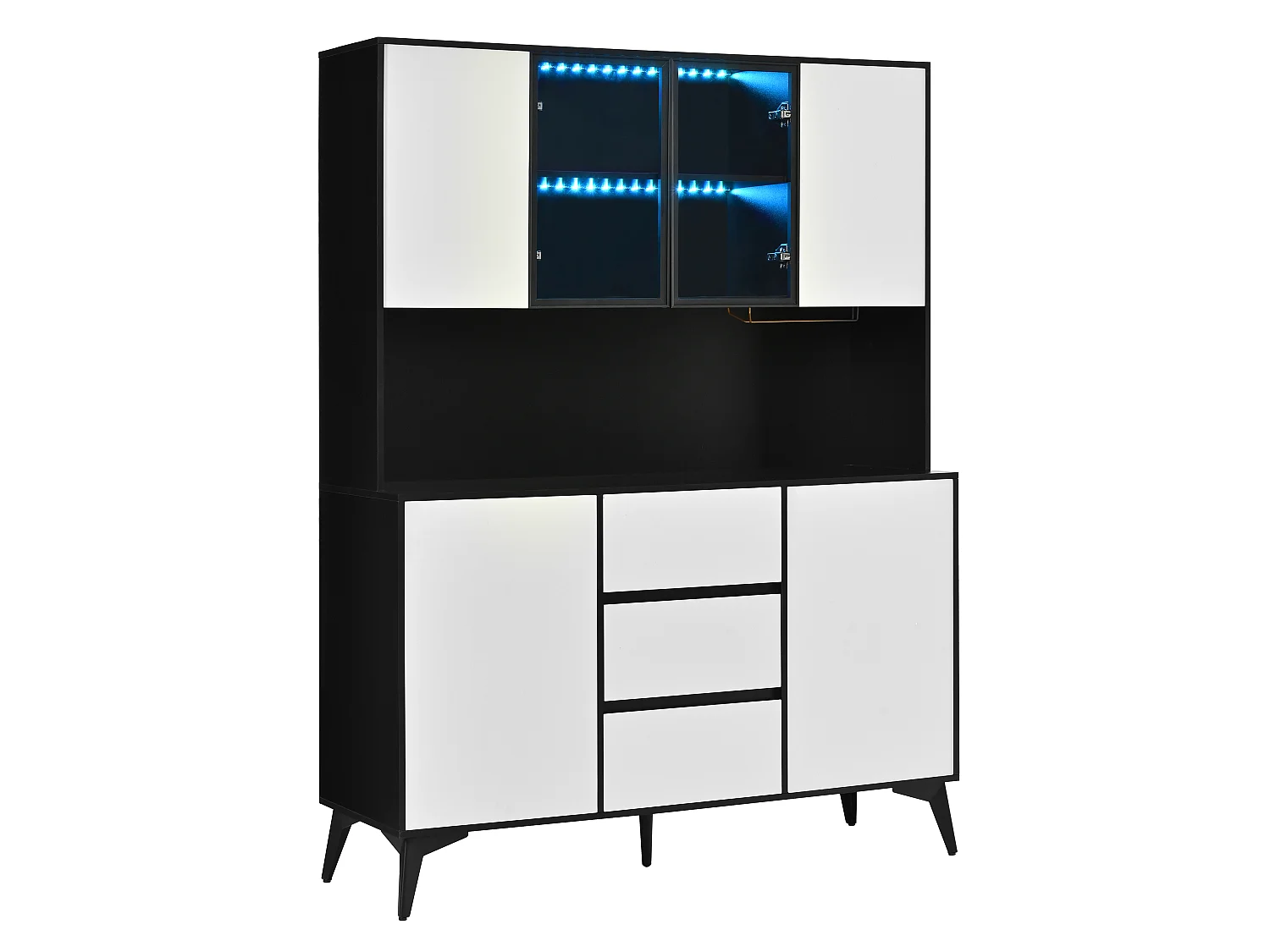 Armoire de cuisine 6 portes, 3 tiroirs, porte-verres et éclairage LED – 120 x 40 x 160 cm – MDF – Blanc et noir