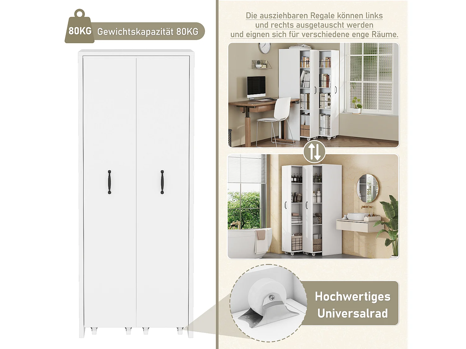 Estante extensível com 4 prateleiras e rodízios - 51,5 x 41 x 158 cm - MDF - Reversível (esquerda/direita) com ganchos metálicos - Branca