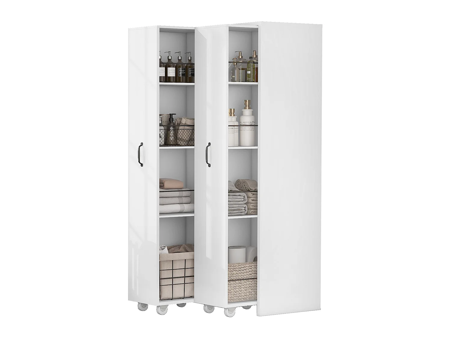 Estante extensível com 4 prateleiras e rodízios - 51,5 x 41 x 158 cm - MDF - Reversível (esquerda/direita) com ganchos metálicos - Branca