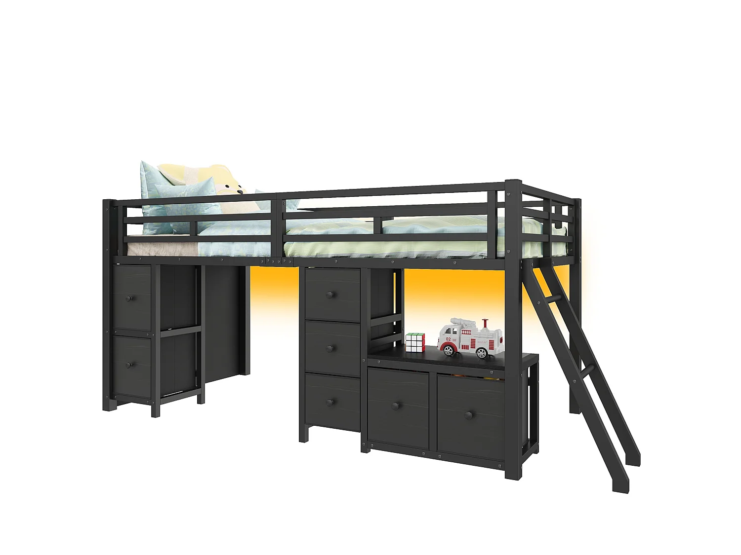 Łóżko średniej wysokości 90 x 200 cm z 7 materiałowymi szufladami, półkami i oświetleniem LED - Metalowe - Czarne (Materac nie jest wliczony w cenę)