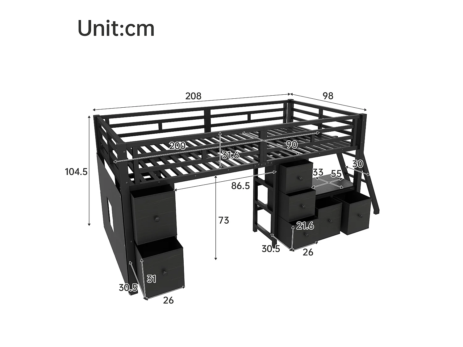 Łóżko średniej wysokości 90 x 200 cm z 7 materiałowymi szufladami, półkami i oświetleniem LED - Metalowe - Czarne (Materac nie jest wliczony w cenę)