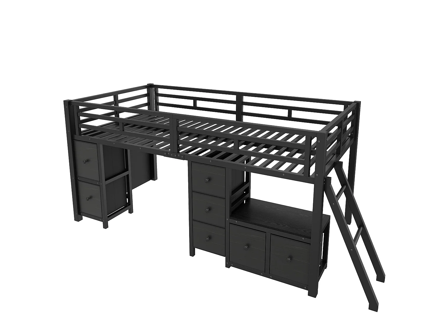 Łóżko średniej wysokości 90 x 200 cm z 7 materiałowymi szufladami, półkami i oświetleniem LED - Metalowe - Czarne (Materac nie jest wliczony w cenę)
