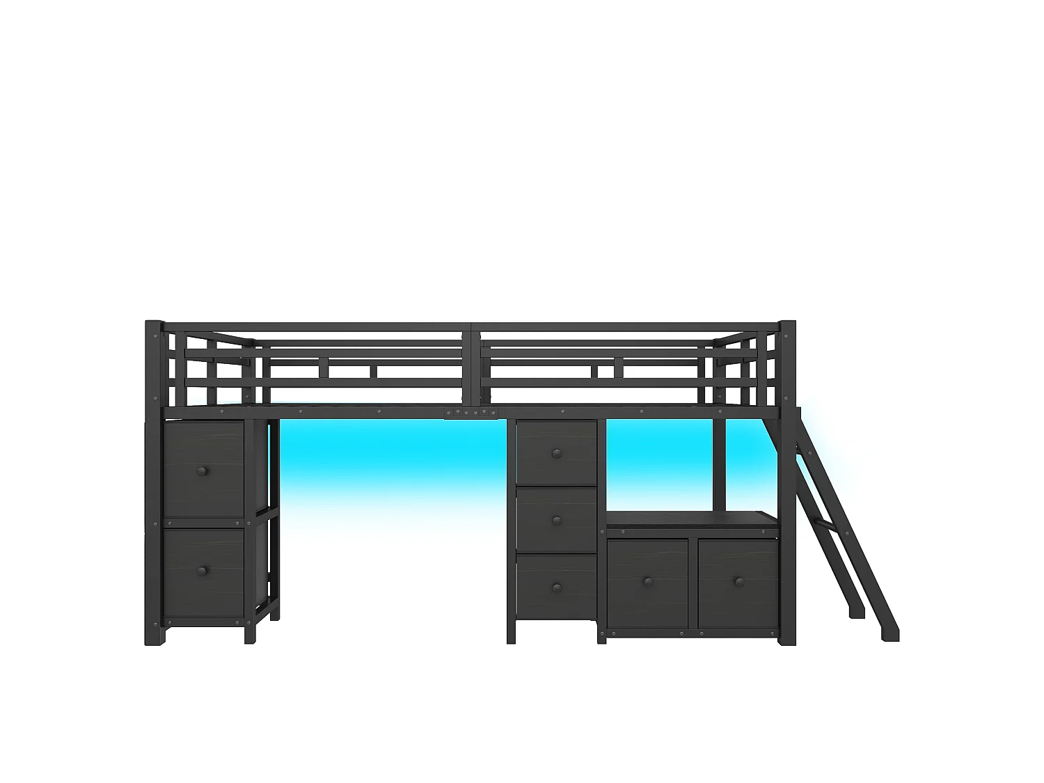 Łóżko średniej wysokości 90 x 200 cm z 7 materiałowymi szufladami, półkami i oświetleniem LED - Metalowe - Czarne (Materac nie jest wliczony w cenę)