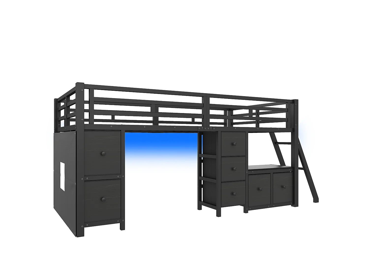 Łóżko średniej wysokości 90 x 200 cm z 7 materiałowymi szufladami, półkami i oświetleniem LED - Metalowe - Czarne (Materac nie jest wliczony w cenę)