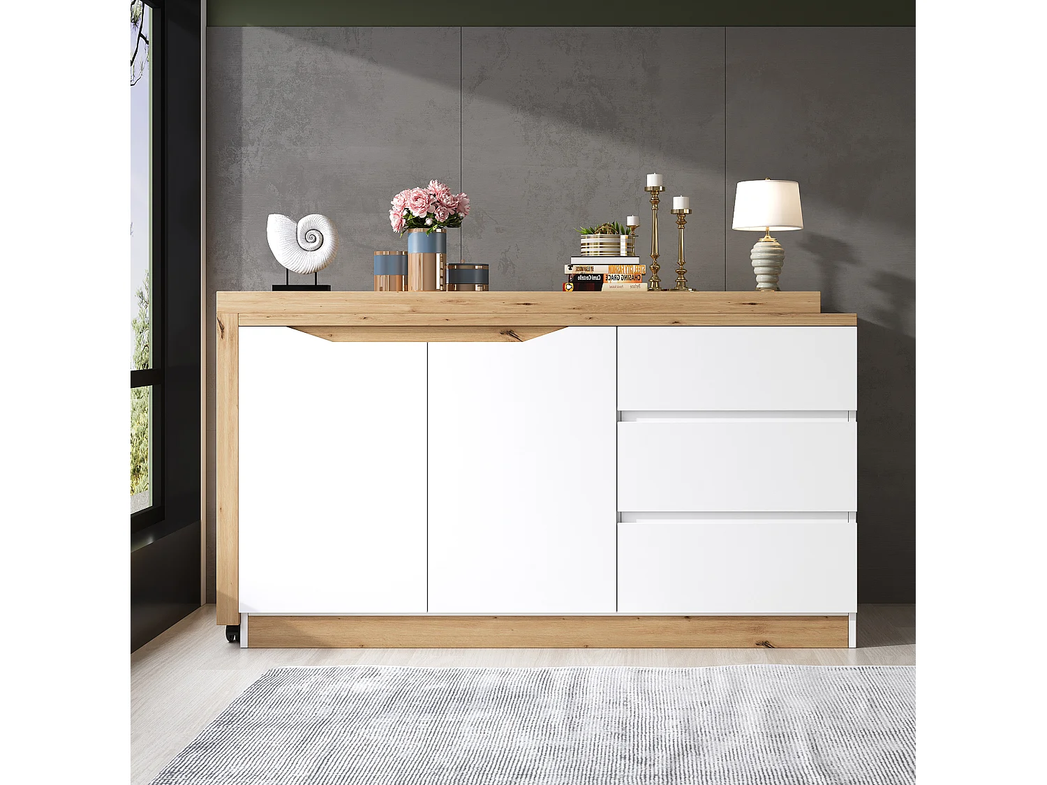 Bureau d'angle pivotant avec roulettes verrouillables, 2 portes et 3 tiroirs - Panneaux de particules - 120x50x78 cm - Blanc et chêne
