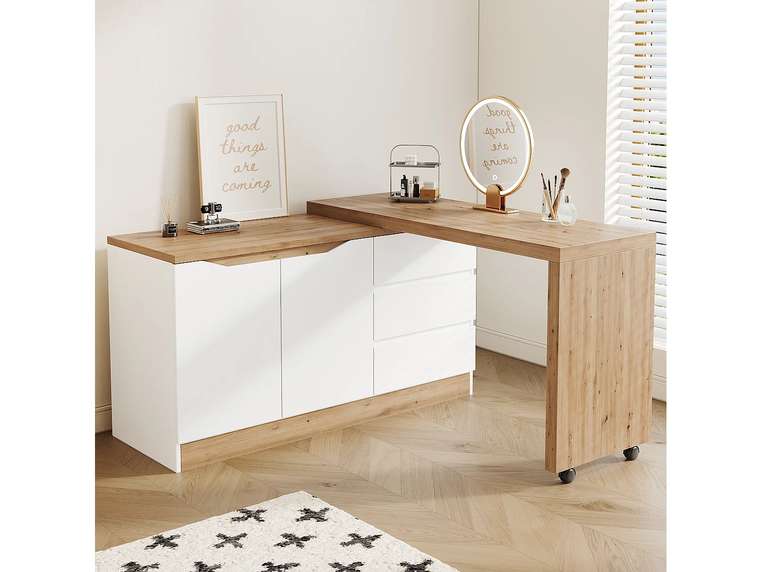 Bureau d'angle pivotant avec roulettes verrouillables, 2 portes et 3 tiroirs - Panneaux de particules - 120x50x78 cm - Blanc et chêne