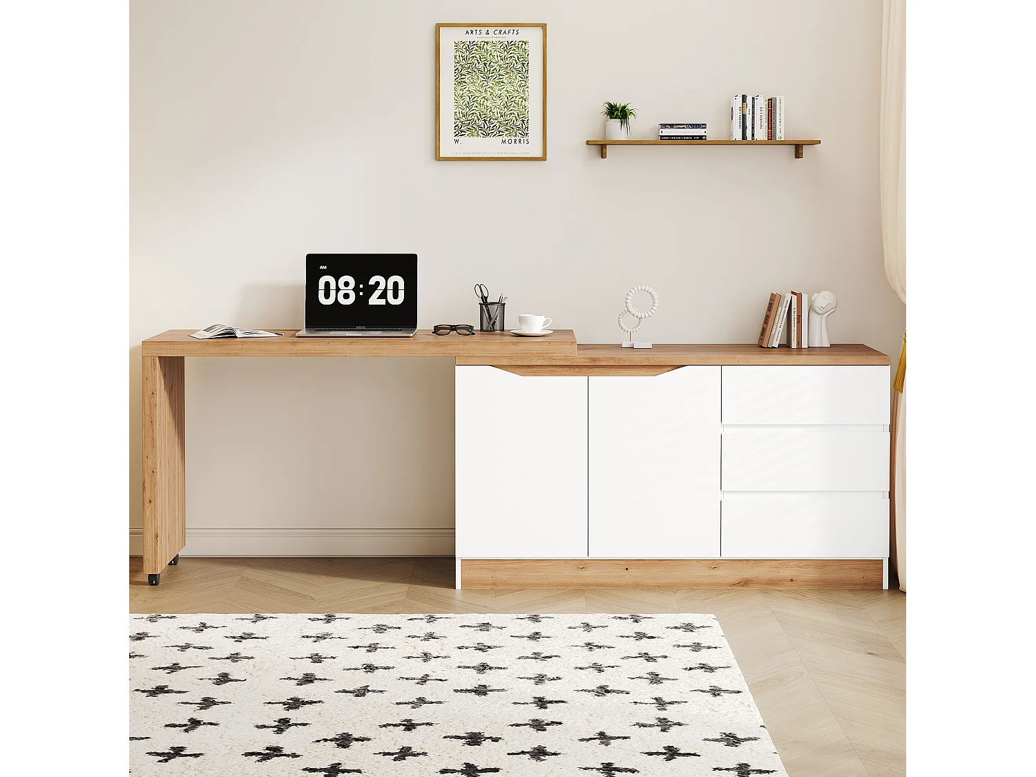 Bureau d'angle pivotant avec roulettes verrouillables, 2 portes et 3 tiroirs - Panneaux de particules - 120x50x78 cm - Blanc et chêne