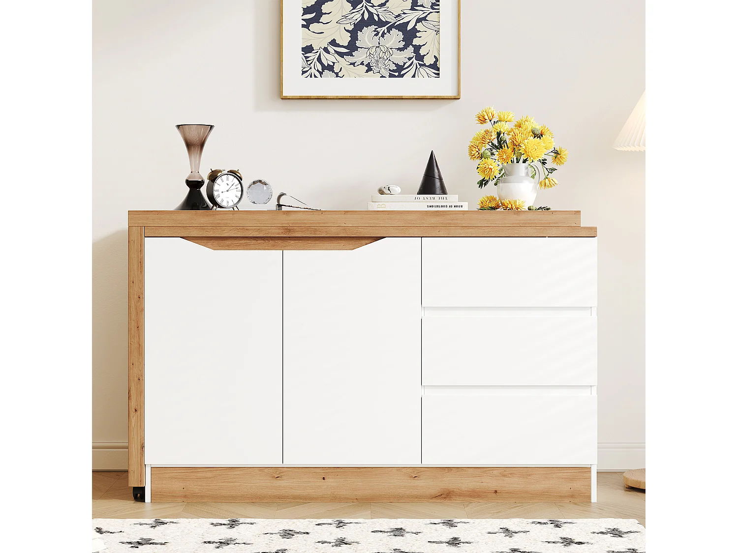 Bureau d'angle pivotant avec roulettes verrouillables, 2 portes et 3 tiroirs - Panneaux de particules - 120x50x78 cm - Blanc et chêne