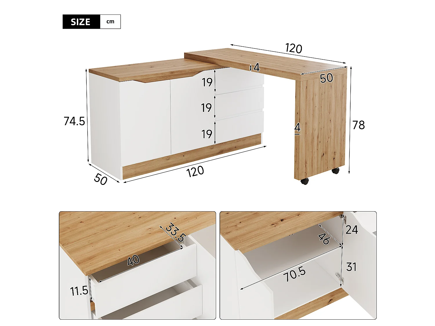 Bureau d'angle pivotant avec roulettes verrouillables, 2 portes et 3 tiroirs - Panneaux de particules - 120x50x78 cm - Blanc et chêne
