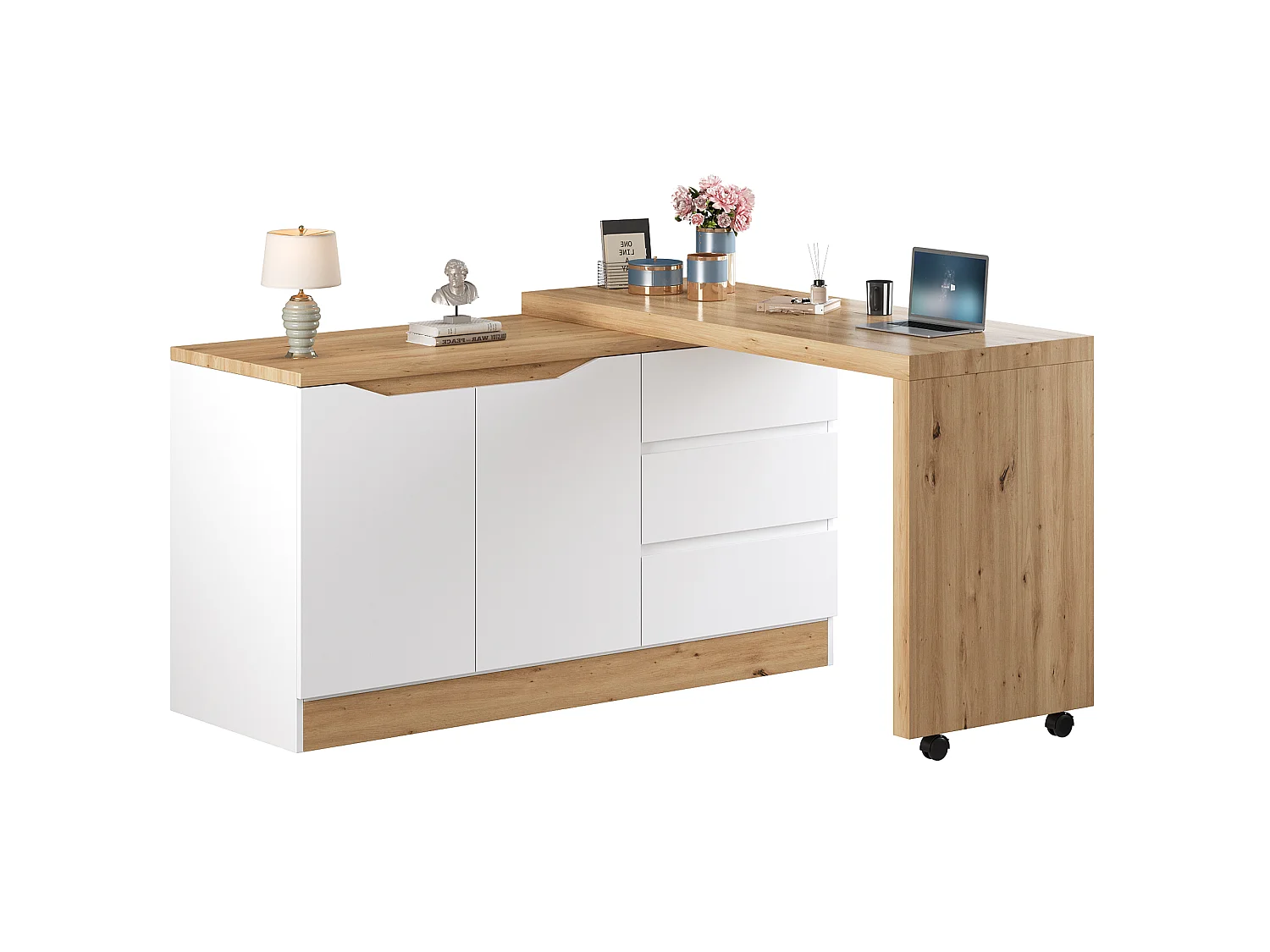 Bureau d'angle pivotant avec roulettes verrouillables, 2 portes et 3 tiroirs - Panneaux de particules - 120x50x78 cm - Blanc et chêne