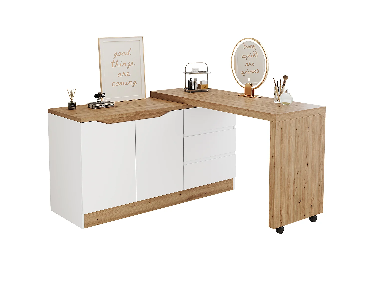 Bureau d'angle pivotant avec roulettes verrouillables, 2 portes et 3 tiroirs - Panneaux de particules - 120x50x78 cm - Blanc et chêne
