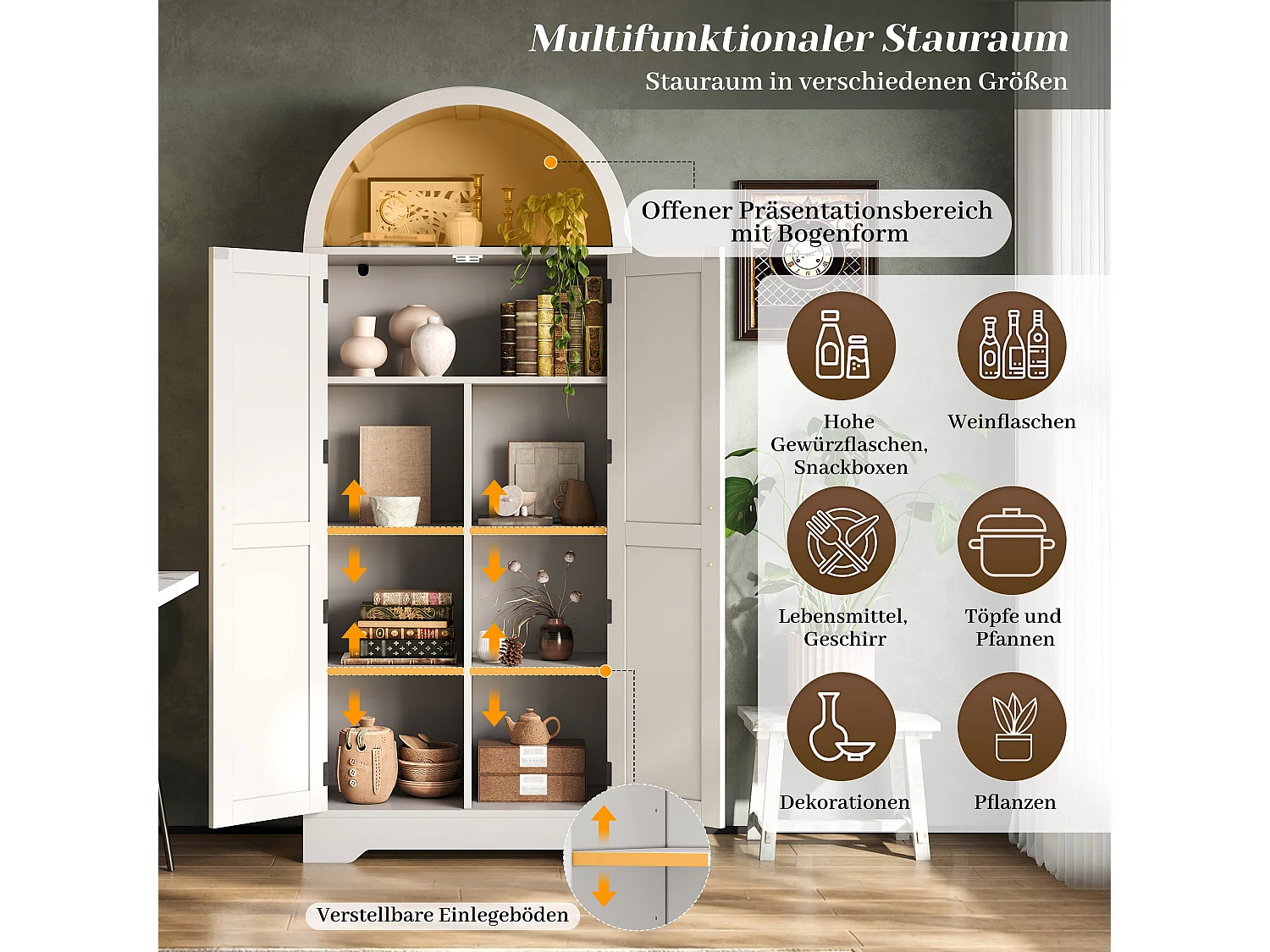 Küchenschrank mit verstellbaren Einlegeböden und X-förmigen Türen, Vitrine – 70 x 35 x 170 cm – Multifunktionales Aufbewahrungsmöbel aus MDF – Weiß