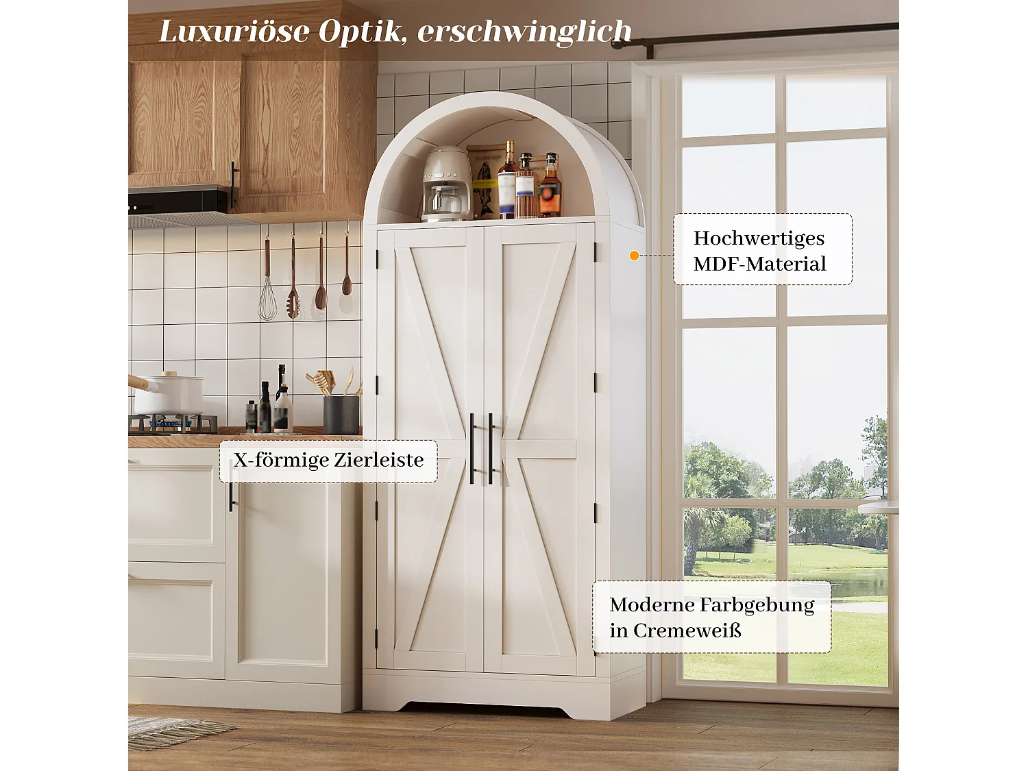 Küchenschrank mit verstellbaren Einlegeböden und X-förmigen Türen, Vitrine – 70 x 35 x 170 cm – Multifunktionales Aufbewahrungsmöbel aus MDF – Weiß