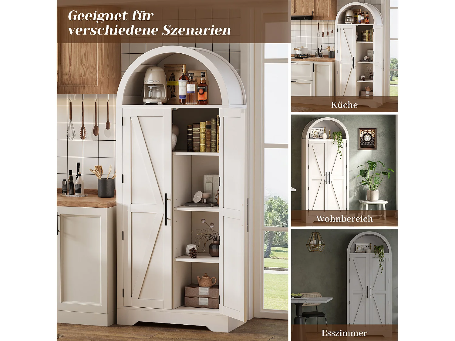 Küchenschrank mit verstellbaren Einlegeböden und X-förmigen Türen, Vitrine – 70 x 35 x 170 cm – Multifunktionales Aufbewahrungsmöbel aus MDF – Weiß