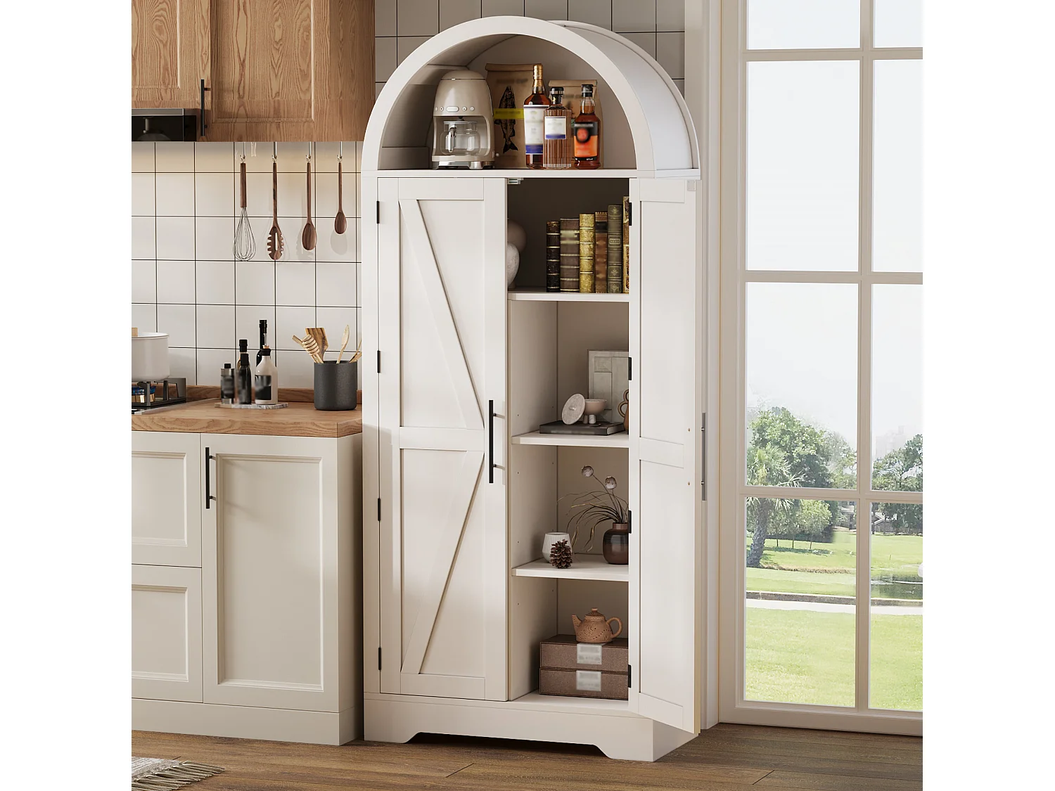 Küchenschrank mit verstellbaren Einlegeböden und X-förmigen Türen, Vitrine – 70 x 35 x 170 cm – Multifunktionales Aufbewahrungsmöbel aus MDF – Weiß