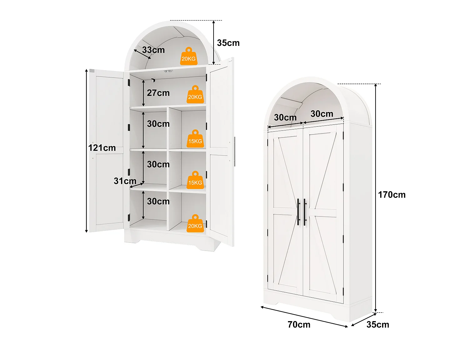 Küchenschrank mit verstellbaren Einlegeböden und X-förmigen Türen, Vitrine – 70 x 35 x 170 cm – Multifunktionales Aufbewahrungsmöbel aus MDF – Weiß