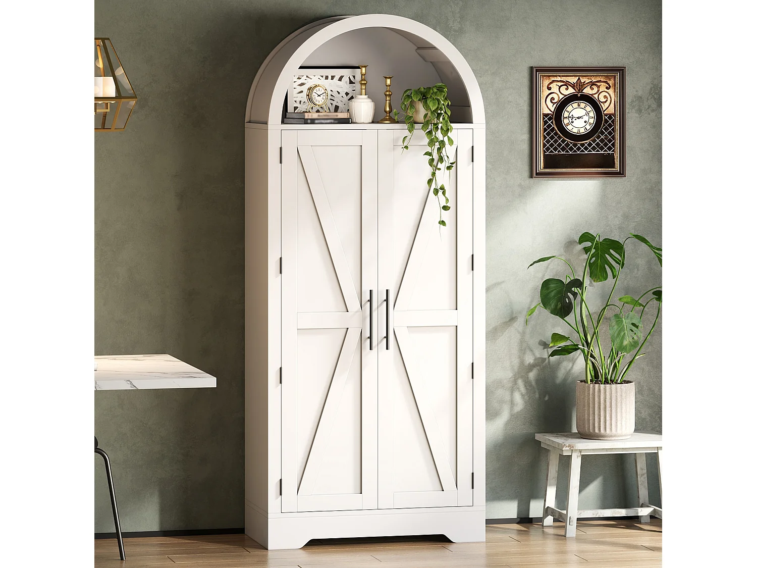 Küchenschrank mit verstellbaren Einlegeböden und X-förmigen Türen, Vitrine – 70 x 35 x 170 cm – Multifunktionales Aufbewahrungsmöbel aus MDF – Weiß