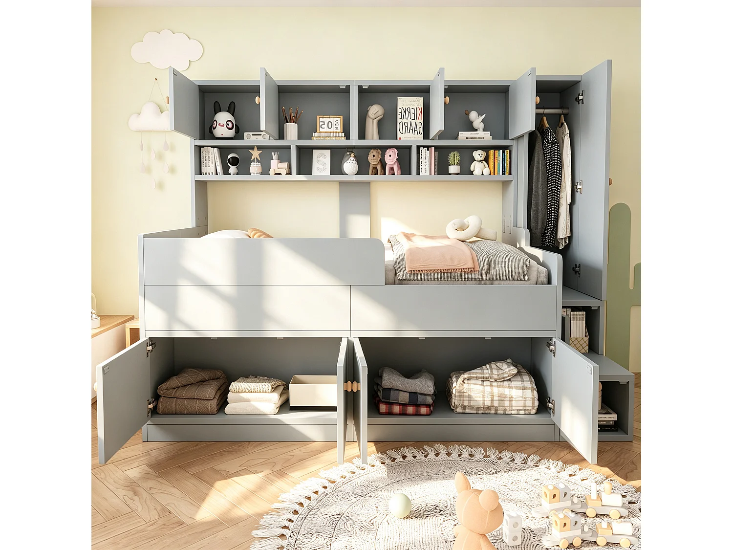 Lit mi-hauteur enfant 90 x 200 cm avec penderie, tiroirs, étagères, armoire et LED - Bois - Gris (Sans matelas)