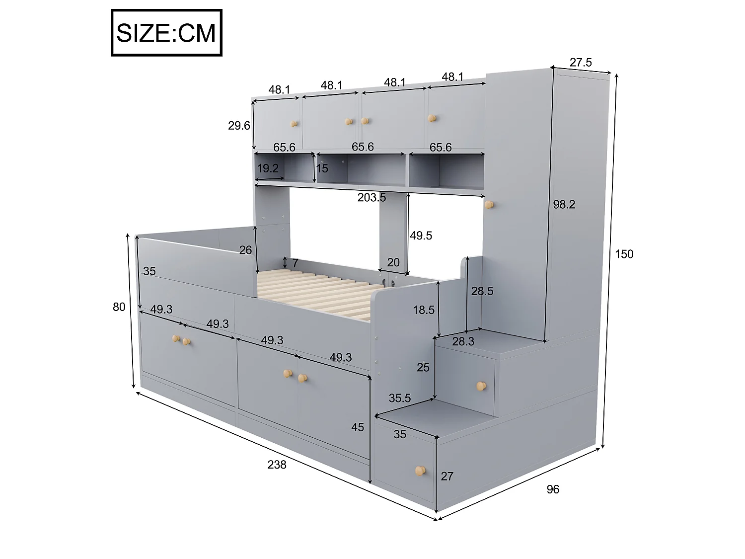 Lit mi-hauteur enfant 90 x 200 cm avec penderie, tiroirs, étagères, armoire et LED - Bois - Gris (Sans matelas)