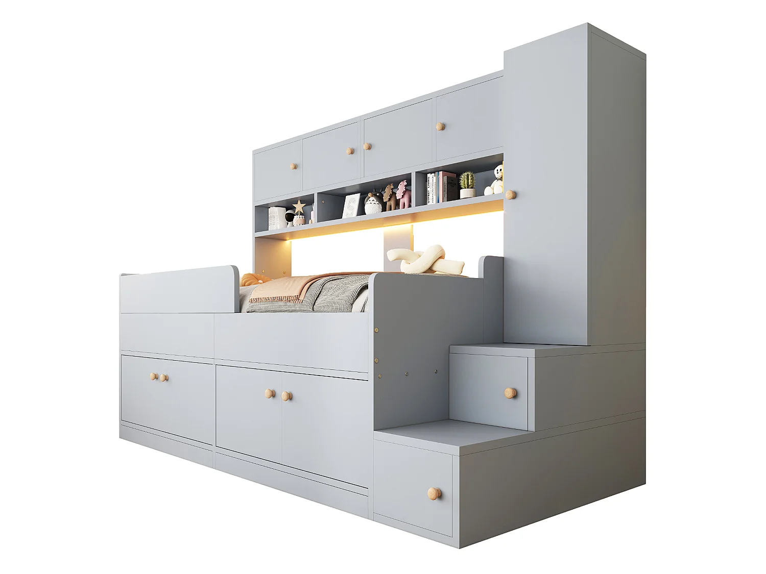 Lit mi-hauteur enfant 90 x 200 cm avec penderie, tiroirs, étagères, armoire et LED - Bois - Gris (Sans matelas)