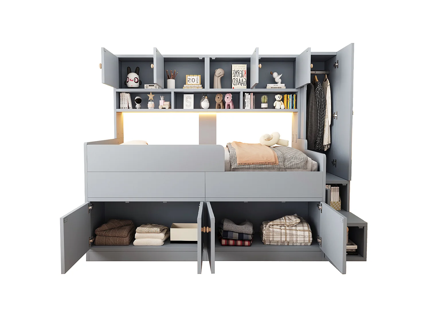Lit mi-hauteur enfant 90 x 200 cm avec penderie, tiroirs, étagères, armoire et LED - Bois - Gris (Sans matelas)
