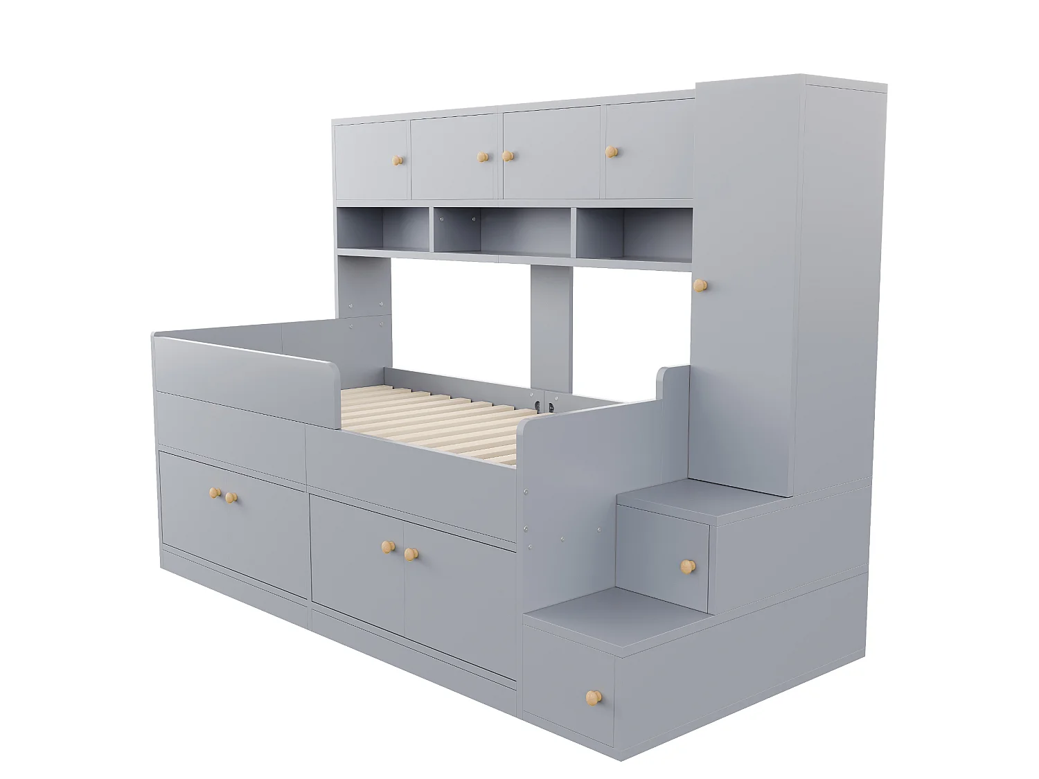 Lit mi-hauteur enfant 90 x 200 cm avec penderie, tiroirs, étagères, armoire et LED - Bois - Gris (Sans matelas)