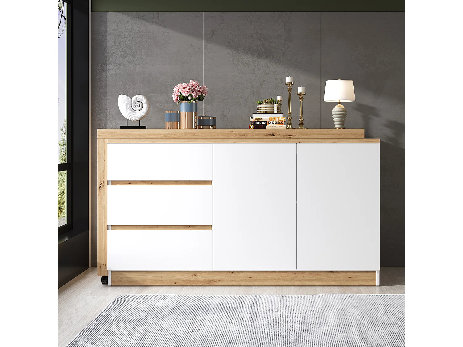Bureau d'angle pivotant avec roulettes verrouillables, 2 portes et 3 tiroirs - Panneaux de particules - 120x50x78 cm - Chêne et blanc
